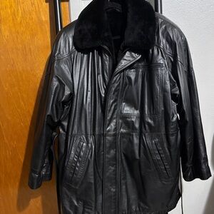 Men's Black Leather Jacket with Fur Collar